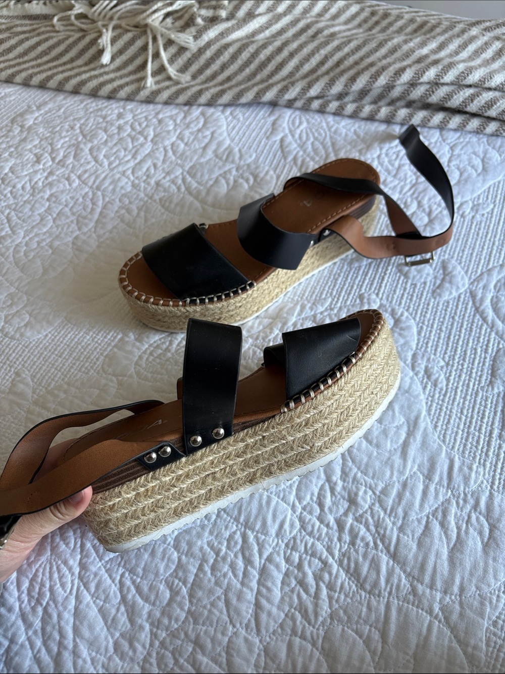 Soda Black and Tan Espadrille Platform Sandals with Ankle Wrap